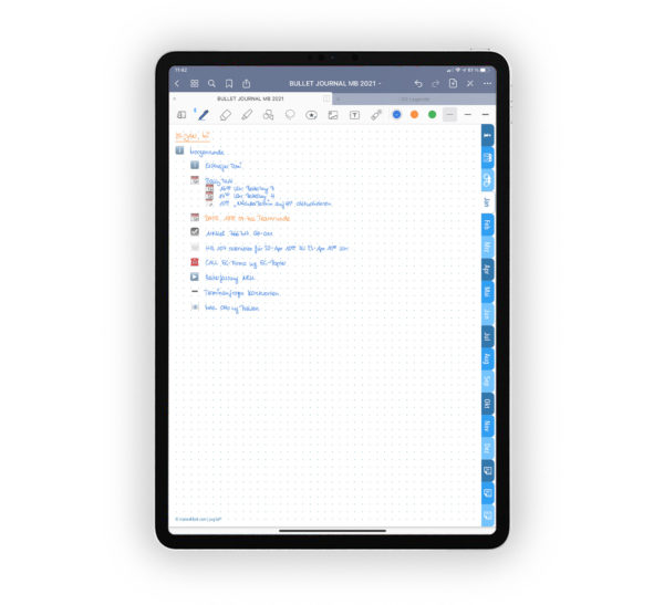 Produktgalleriebild für Shop Bullet Journal mit Register blau für iPad 11.0 Daily Log Januar 2021 beispielhaft ausgefuellt