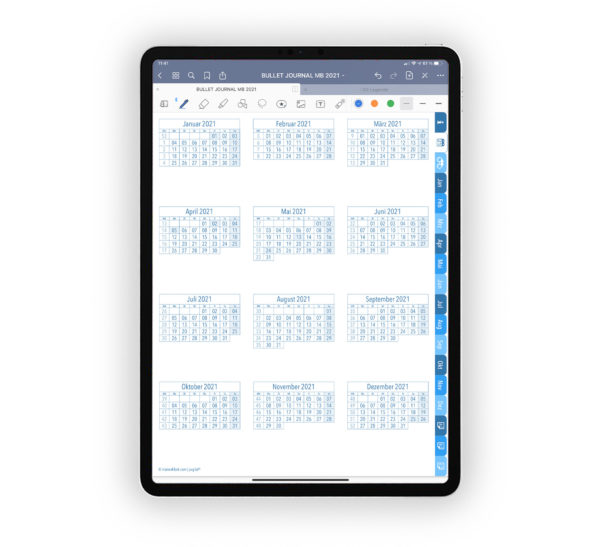 Produktgalleriebild für Shop Bullet Journal mit Register blau für iPad 11.0 Jahresuebersicht 2021