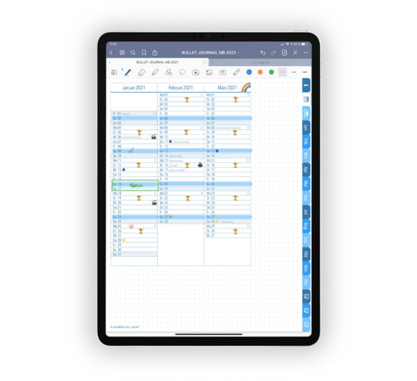 Produktgalleriebild für Shop Bullet Journal mit Register blau für iPad 11.0 Quartalsjournal erstes Quartal 2021 beispielhaft gefuellt
