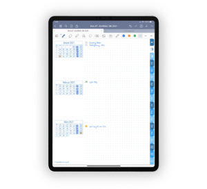 Produktgalleriebild für Shop Bullet Journal mit Register blau für iPad 11.0 Quartalsuebersicht beispielhaft gefuellt