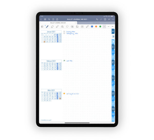 Produktgalleriebild für Shop Bullet Journal mit Register blau für iPad 11.0 Quartalsuebersicht beispielhaft gefuellt