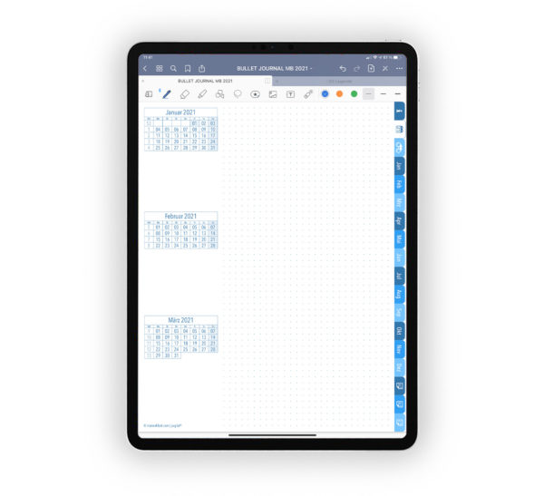 Produktgalleriebild für Shop Bullet Journal mit Register blau für iPad 11.0 Quartalsuebersicht erstes Quartal 2021