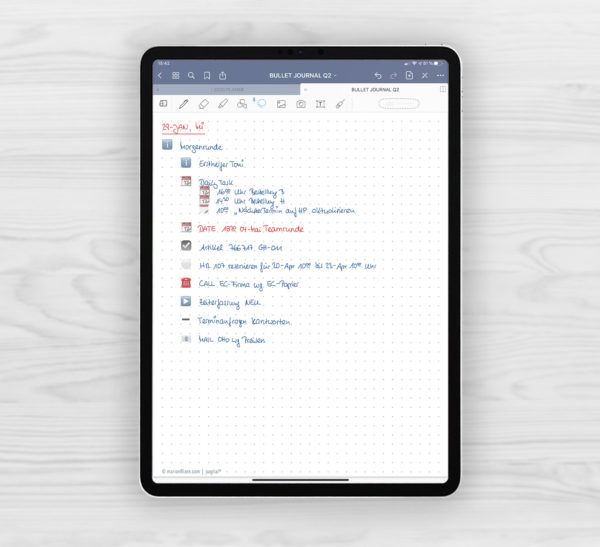 Produktgalleriebild für Shop Bullet Journal ohne Register blau für iPad 11.0 Daily Log Notizen und Journaling beispielhaft gefüllt