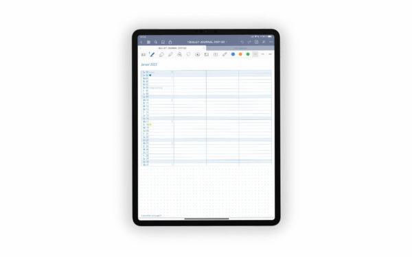 Bild (jpg) zeigt eine Seite des Monthly Log Planungskalenders des blauen Bullet Journals
