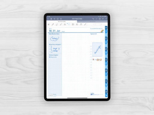 Produktbild fuer Shop Tagesplaner 2021 Blau fuer iPad 11.0 Tagesjournal beispielhaft gefuellt mit EmoLog, Notizen und Journaling Muster