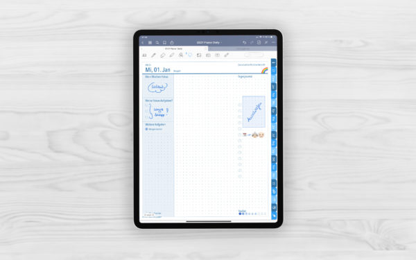 Produktbild fuer Shop Tagesplaner 2021 Blau fuer iPad 11.0 Tagesjournal beispielhaft gefuellt mit EmoLog, Notizen und Journaling Muster