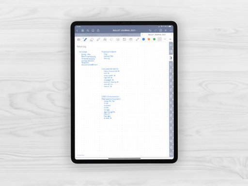 Produktbild (jpg) zeigt eine Seite des Future Log des grauen Bullet Journal mit Register für GoodNotes beispielhaft gefuellt