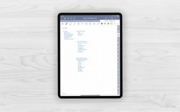 Produktbild (jpg) zeigt eine Seite des Future Log des grauen Bullet Journal mit Register für GoodNotes beispielhaft gefuellt